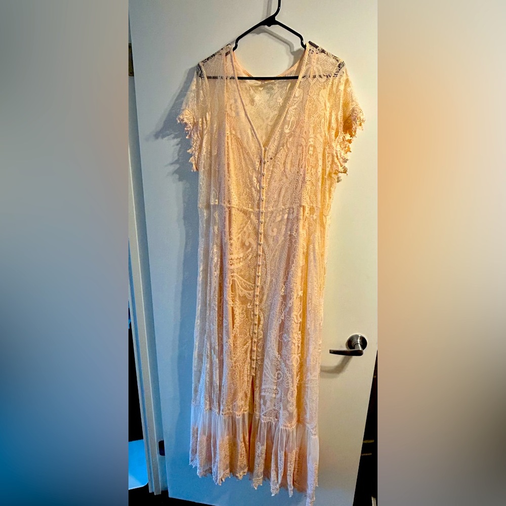 Peach Pink Lace Button Front Maxi Dress